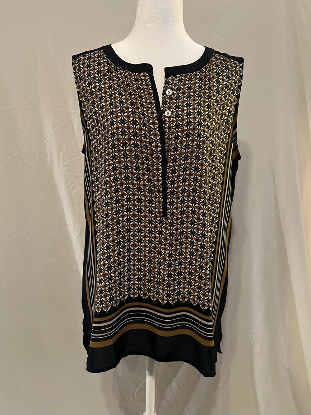 LOFT Sleeveless Geometric Print Shell in Navy Blue, Tan, and Brown